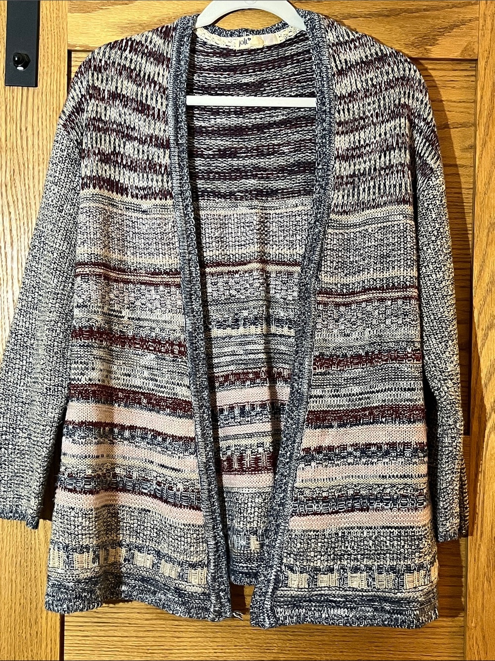 Jolt Open-Front Striped Marled Cardigan in Gray, Cream & Burgundy